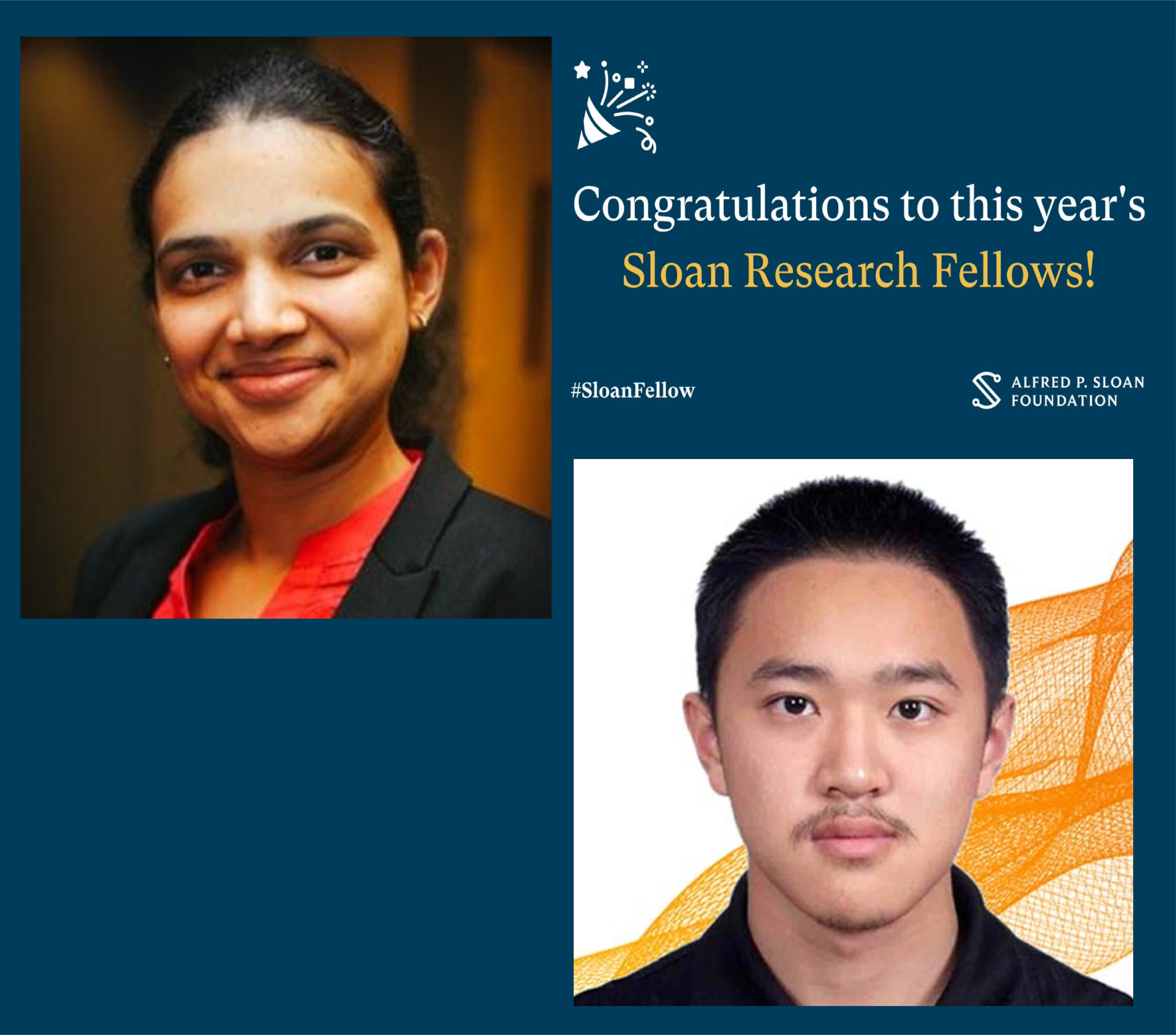 portrait photos of SCS faculty members Rashmi Vinayak and Yuanzhi Li have earned 2023 Sloan Research Fellowships in recognition of their research accomplishments.