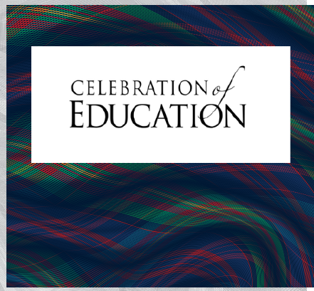 text "Celebration of Education" on a stylized Carnegie Mellon University tartan background