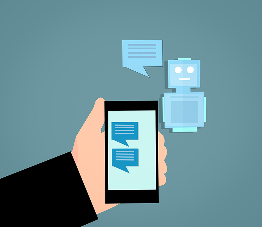 illustration of a hand holding a digital phone with a reprentation of a chatbot presented graphically 
