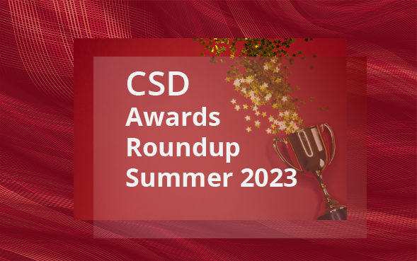 text: CSD Awards Roundup Summer 2023 - red background with gold stars thrown into the air from a gold trophy cup.
