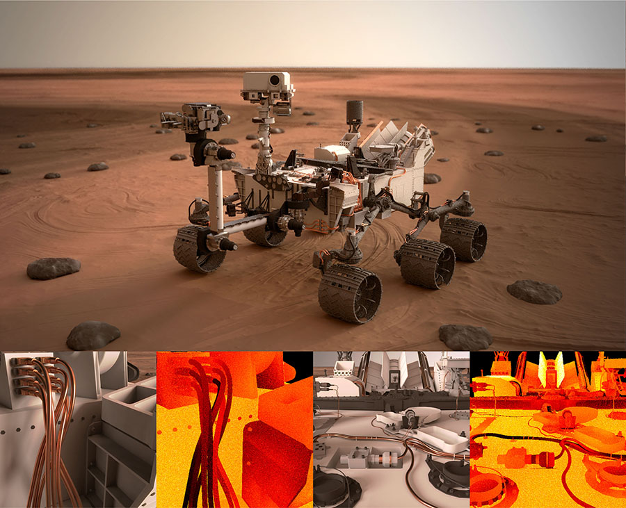 A robot with with six rugged wheels and many panels and sensors sits atop the Martian surface. Below the main photo, smaller images zoom in on parts of the robot and are displayed beside computer-generated heat-prediction maps of those areas.