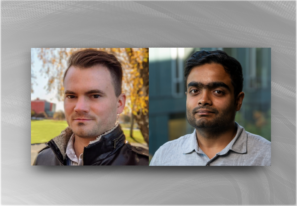 Tim Dettmers portrait photo (left) and Aviral Kumar portrait photo (right) on a gray background