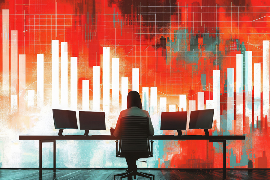 An illustration of a woman sitting at a desk with her back toward the audience, a bar graph in shades of red and white in the background.