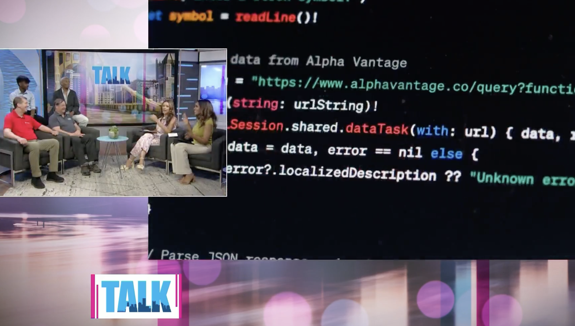 Screenshot of 6 people talking about computer science with code displayed in the background