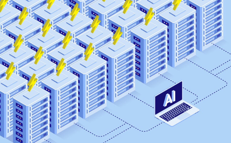 A drawing of many large CPUs in a room with lightning bolts above them lined up in ranks behind a laptop with the letters AI on the screen.