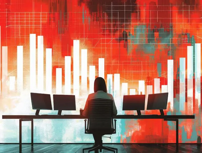 An illustration of a woman sitting at a desk with her back toward the audience, a bar graph in shades of red and white in the background.