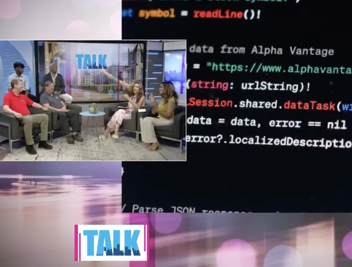 Screenshot of 6 people talking about computer science with code displayed in the background