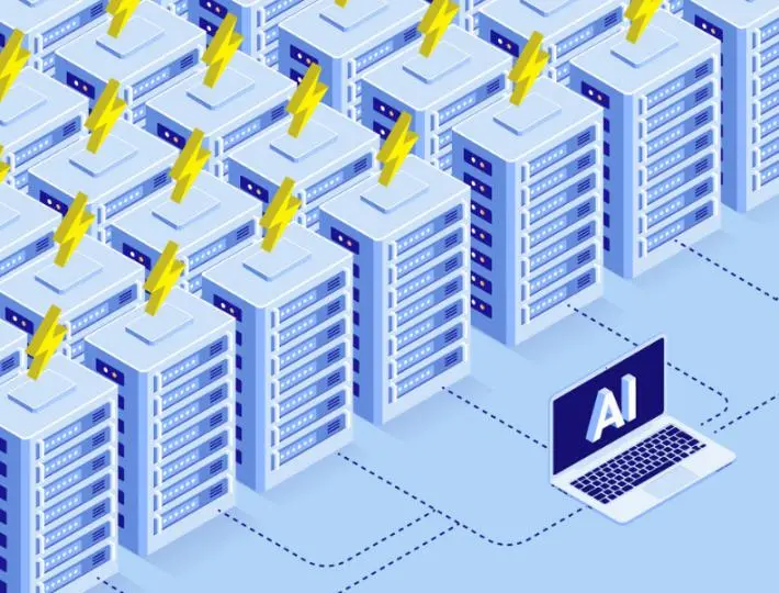 A drawing of many large CPUs in a room with lightning bolts above them lined up in ranks behind a laptop with the letters AI on the screen.