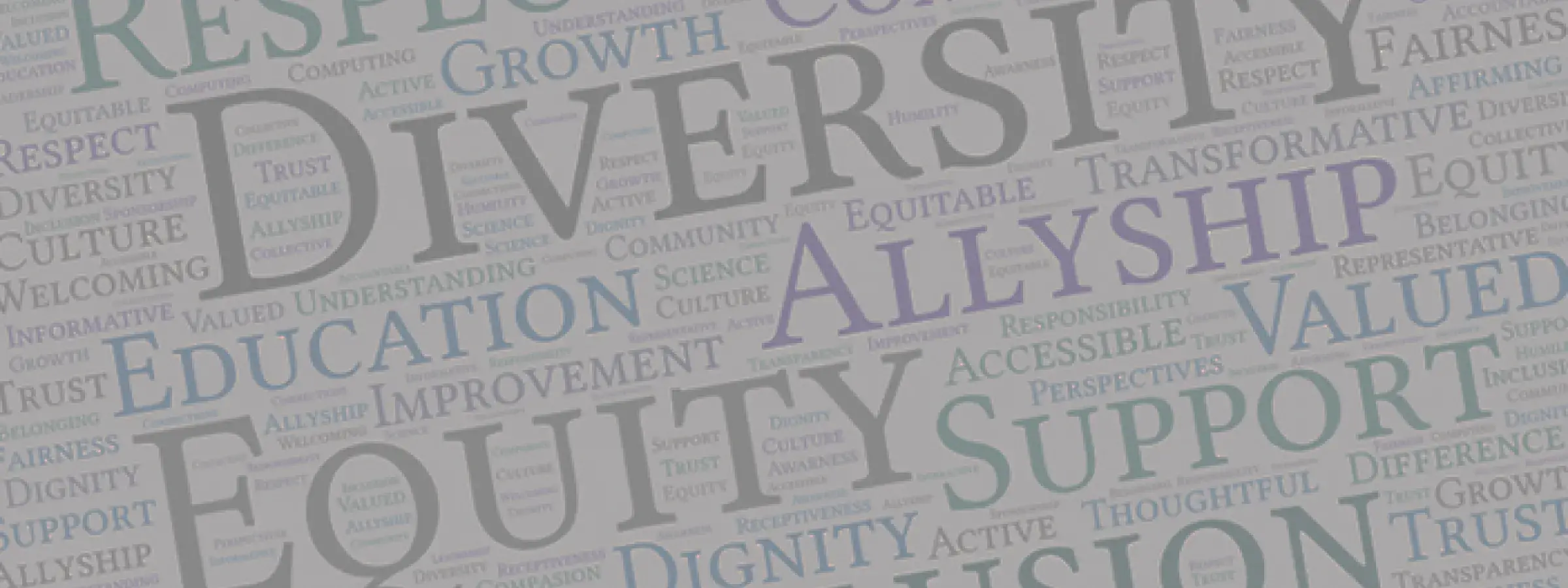 Diversity, equity and inclusion word-cloud graphic for page header