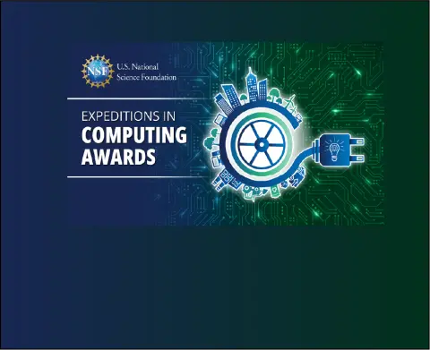 NSF Expeditions in Computing Logo with stylized power plug over circuitry and backgroun graded from dark blue on the left to dark green on the right